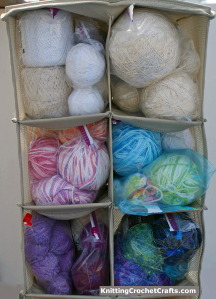 Yarn Neatly Organized in a Hanging Shoe Organizer for the Closet