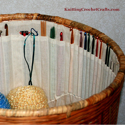 Crochet hooks, knitting needles and yarn are neatly organized in this custom basket. If you can sew, you could make a similar organizer for your own needlework supplies. 