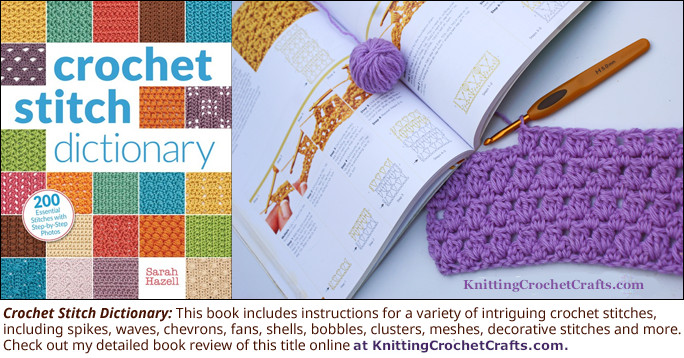 This photo collage combines two pictures of Sarah Hazell's book, Crochet Stitch Dictionary. Pictured at left is the book's front cover, which is published by Interweave Press. Pictured at right is a swatch of one of the stitch patterns included in the book. This sample was crocheted and photographed by Amy Solovay. This photo collage accompanies a book review of this title, posted online at KnittingCrochetCrafts.com.