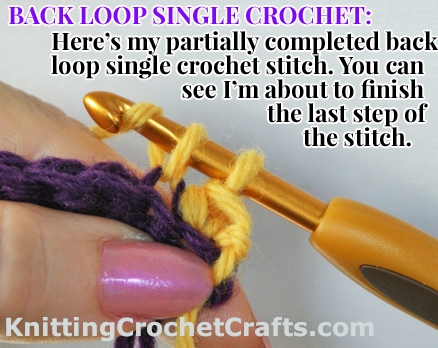 Wondering what it means when your pattern says to crochet in the back loops only? Here's a work-in-progress picture showing you  a single crochet stitch worked through the back loops, otherwise known as back loop single crochet stitch.