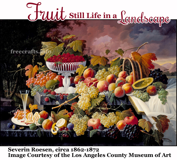 Fruit Still Life in a Landscape by Severin Roesen, a painting which could be described as primarily a still life, but also a landscape. The original artwork is in the collection of the Los Angeles County Museum of Art.