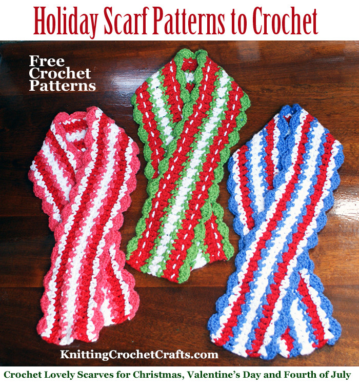 Simple color changes determine which holiday to make each scarf for. The red, green and white scarf is ideal for Christmas; the red, pink and white scarf is lovely for Valentine's Day; and the red, white and blue scarf is ideal for patriotic holidays such as Fourth of July.