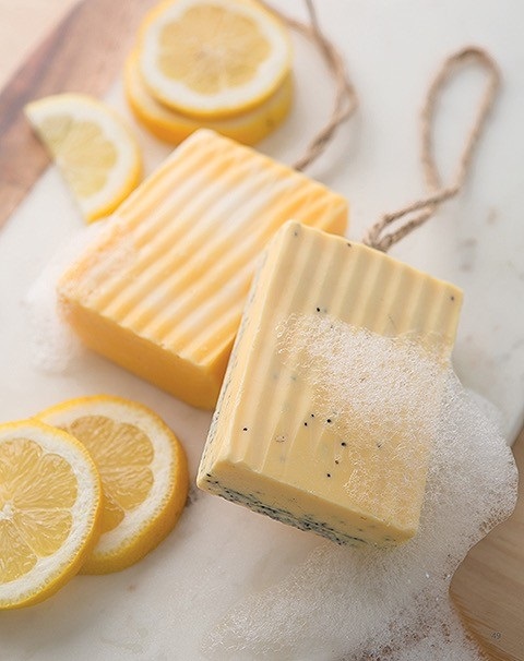 You'll find the recipe and step-by-step instructions for making this Marbled Lemon Bliss Soap on a Rope in Make & Give Home Soap Making by Kimberly Layton, published by Leisure Arts.