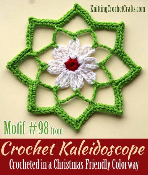 How would you classify this design? Is it a crochet flower? Is it an octagon? Is it an 8-pointed star? Is it a mandala, or perhaps a small doily? I think it could be perceived as any of the above. The pattern is from the book Crochet Kaleidoscope by Sandra Eng, published by Interweave. This is a Christmas-friendly colorway of the design which is not included in the book. Crocheted and photographed by Amy Solovay.