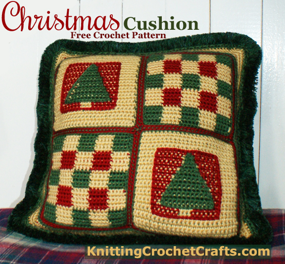 Christmas Cushion: A Free Crochet Pillow Pattern Featuring Christmas Tree Motifs and Checkerboard Squares