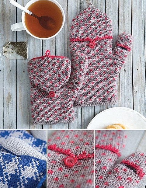 Convertible crochet mittens with simple dots pattern. This versatile pattern is included in the book called Fair Isle Mittens by Lori Adams, published by Leisure Arts.