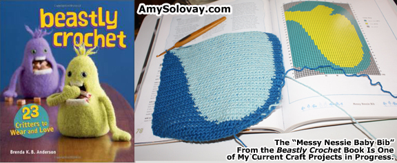 I'm working on crocheting the "Messy Nessie Baby Bib Pattern" by Brenda K.B. Anderson, from an Interweave Press book called "Beastly Crochet". In this photo, collage, you can see how the piece begins by working a charted design in either the tapestry crochet or intarsia technique.