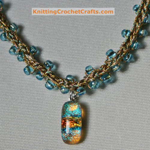 Crochet Bead Necklace Pattern: Gold, Pale Blue, and Peach / Orange Colorway