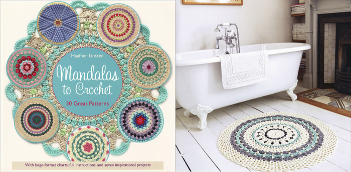 Photos are from Mandalas to Crochet: 30 Great Patterns by Haafner Linssen, Copyright © 2016 by the author and reprinted by permission of St. Martin's Griffin.  This book features a lacy, spectacular bathroom rug pattern to crochet. The book also includes bunches of patterns for gorgeous round crochet motifs and patterns.