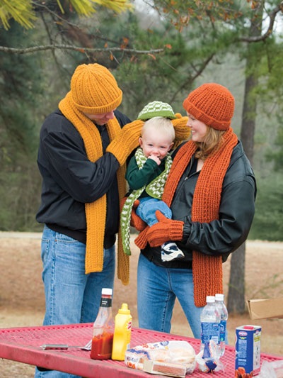 This pattern book is all about giving you hat, scarf and mitten patterns for men, women and kids ages 2-12. Here you can see a fun picture of some of the family-friendly styles included in this book. Photo courtesy of Annie’s Catalog.