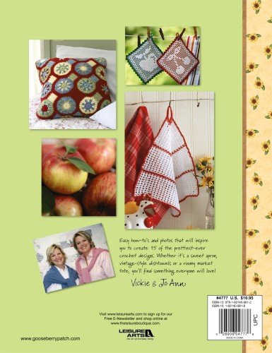 Some of the Crochet Projects Included in Gooseberry Patch's Farmhouse Crochet Pattern Book: Filet Crochet Potholders, Dishcloth and a Colorful Motif Pillow