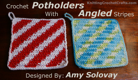 Pictured at left is a red and white version of this potholder design, which resembles peppermint candy for Christmas. On the right we have the same design crocheted in variegated blue and green yarns -- which are more of an everyday look.