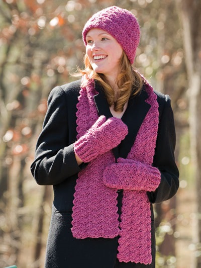 Shell Stitch Crochet Set Featuring Matching Hat, Scarf and Mittens From the Book Hats, Scarves & Mittens for the Family, Published by Annie's Crochet