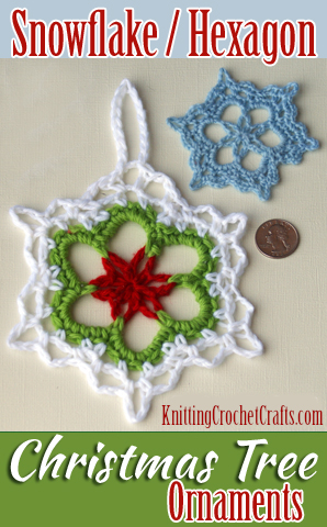 Hexagon Crochet Snowflake Motifs to Use for Christmas Tree Ornaments: These ornaments are made using a hexagon motif pattern from Crochet Kaleidoscope by Sandra Eng, published by Interweave. Crocheted and photographed by Amy Solovay.