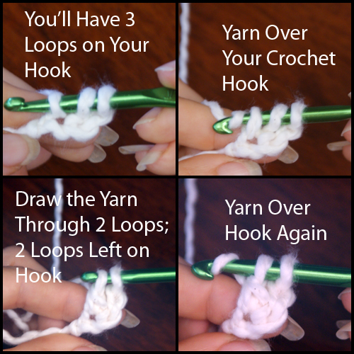 These photos all show a double crochet stitch in progress.