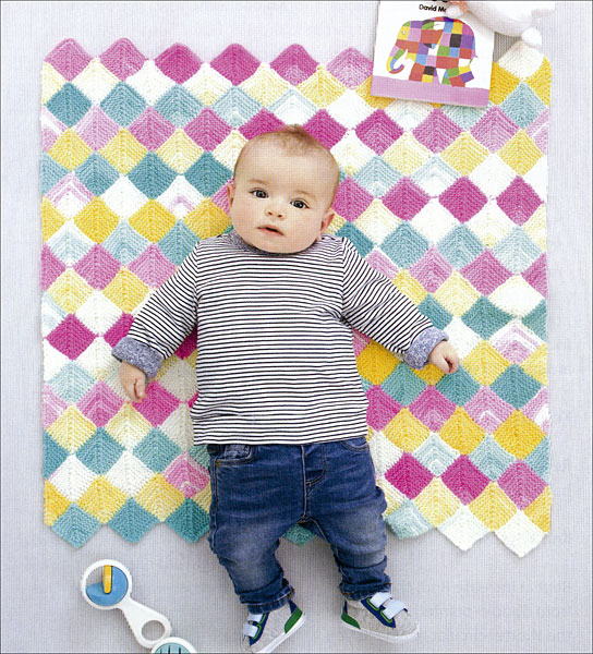 The Happy Valley Baby Blanket Features a  Repeating Diamond Pattern. Get the Pattern for Knitting this Baby Blanket in the Book Called Ice Cream Baby Afghans, Published by Leisure Arts