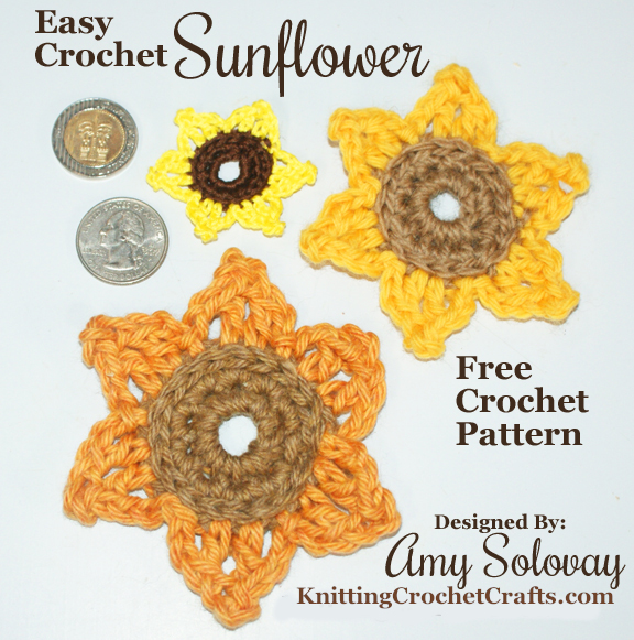 3 Easy Sunflower Appliques in Different Sizes That Were All Crocheted from This Pattern. The Smallest Sunflower Was Worked in Embroidery Floss.