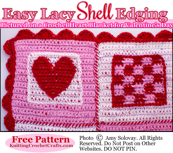 Easy Lacy Shell Edging, Pictured on a Valentine's Day Colorway of a Crochet Heart Blanket for Valentine's Day.