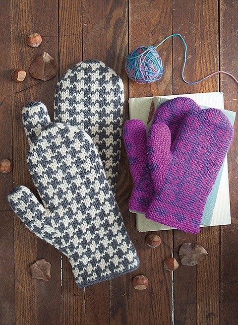 On the left, you can see a picture of the houndstooth mittens crocheted without a cuff, in one of the adult sizes. On the right, you can see the Hugs and Kisses mittens crocheted without the cuff in the child's size. These patterns are from Lori Adams' new book called Fair Isle Mittens, published by Leisure Arts.