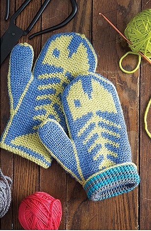 Crochet mittens with fish skeleton colorwork pattern from the book Fair Isle Mittens by Lori Adams, published by Leisure Arts