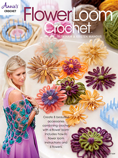 Flower Loom Crochet Pattern Book by Beth Ham & Kristen Magnus, Published by Annie's Crochet. Learn how to make 5 different flowers using a flower loom. Then transform them into 8 creative craft projects including a shawl, hat, scarf, cowl, purse, brooch, barrette and ear warmer style headband.