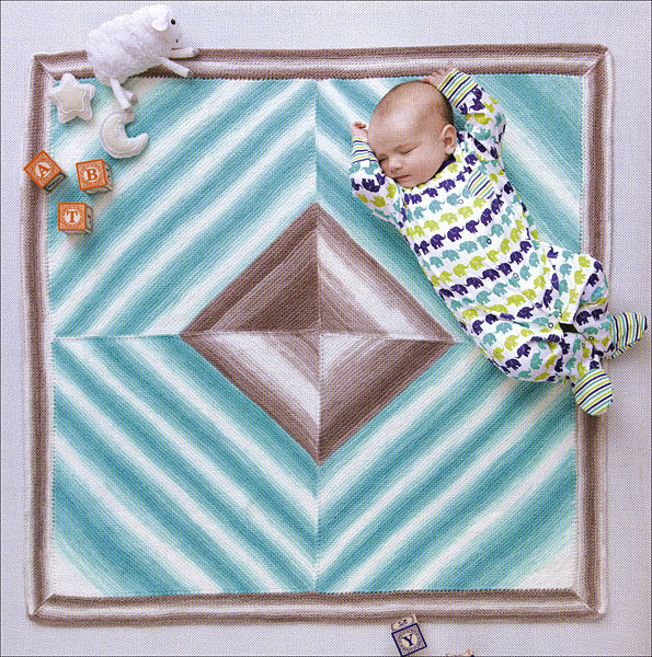 The Four Square Baby Blanket From Ice Cream Baby Afghans, published by Leisure Artis: This is a beginner-level knitting pattern for making an eye-catching square baby blanket using variegated yarn.
