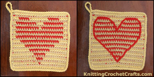 Before and After Photos of the Striped Heart Crochet Potholder: The Photo on the Left Shows You How the Potholder Looks Before the Surface Crochet Slip Stitches Have Been Added Around the Heart Shape.