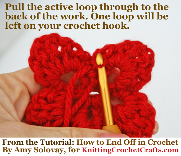 Pull the active loop through to the back of the work. One loop will be left on your crochet hook.