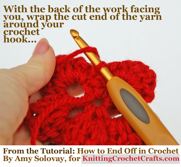 With the back of the work facing you, wrap the cut end of the yarn around your crochet hook...