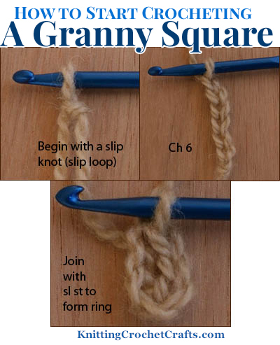 How to Start Crocheting a Granny Square: Work chain stitches; then work a slip stitch to form a ring
