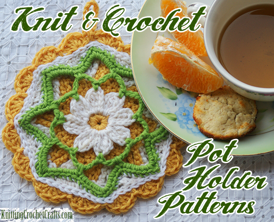 Welcome to our main directory of & crochet potholder patterns. The potholder you see pictured here is made using two crocheted octagon motifs from <em>Crochet Kaleidoscope</em> by Sandra Eng, published by Interweave. Scroll down to see more details and more potholder patterns -- some of which are free potholder patterns, and some which are paid patterns (but worth the money).