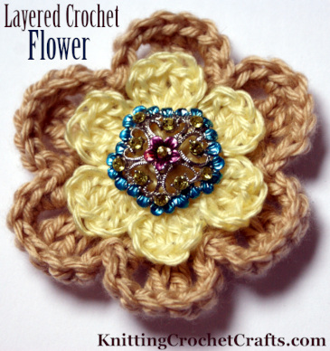 Layered Crochet Flower With a Fancy Button in the Center