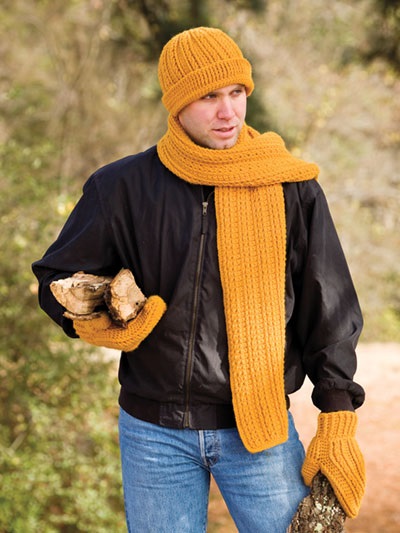 Man's Matching Set of Crochet Hat, Scarf and Mittens -- The crochet patterns for these items are all included in the book called Hats, & Mittens for the Family, Published by Annie's Crochet