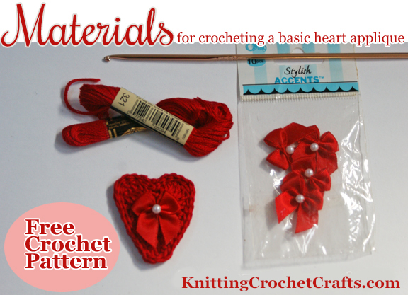Basic Crochet Heart Applique, Worked in Cotton Embroidery Floss and Embellished With a Satin Ribbon Bow -- Plus Materials You'll Need for Crocheting a Heart Applique Similar to This One.