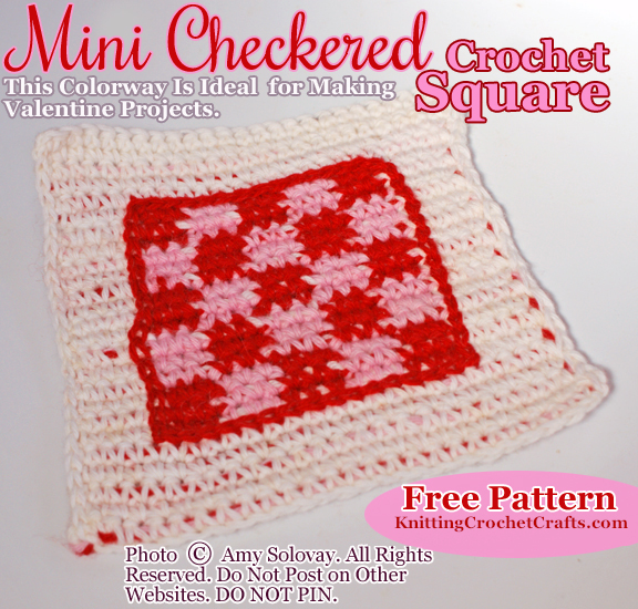 This crocheted square features a checkered motif worked in red, pink and white yarn -- ideal for making as part of a Valentine's Day craft project.