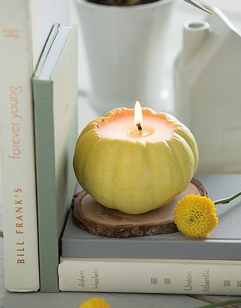 Pumpkin spice candle -- Learn how to make this candle using instructions from Home Candle Making by Stephanie Rose, published by Leisure Arts
