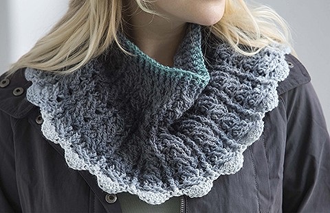 Textured crochet cowl by Bonnie Barker -- The pattern for this beautiful cowl is included in Bonnie's brand new book called Self-Striping Projects, published by Leisure Arts