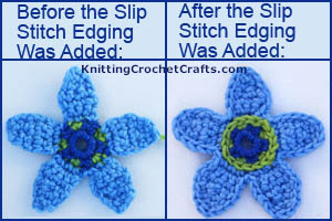 Crochet Flower Applique Before and After Slip Stitch Details Have Been Added