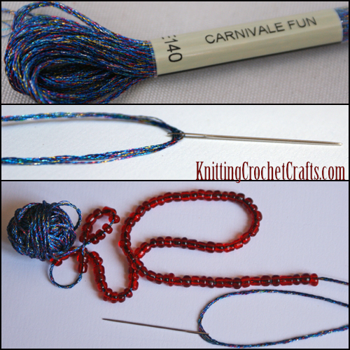 String your beads onto embroidery floss. It's easiest to use a beading needle for this purpose. I didn't happen to have one, so I used a small tapestry needle.