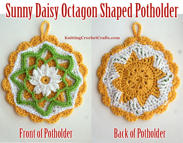The front of this potholder features a simple, lovely daisy motif enclosed in an 8-pointed star shape. The back features a sun shape within an octagon. Stitch the two motifs together, add a shell stitch edging and a hanging loop; the result is a useful and beautiful potholder. These two motif patterns are from a book called Crochet Kaleidoscope by Sandra Eng. The potholder pictured here was crocheted and photographed by Amy Solovay.