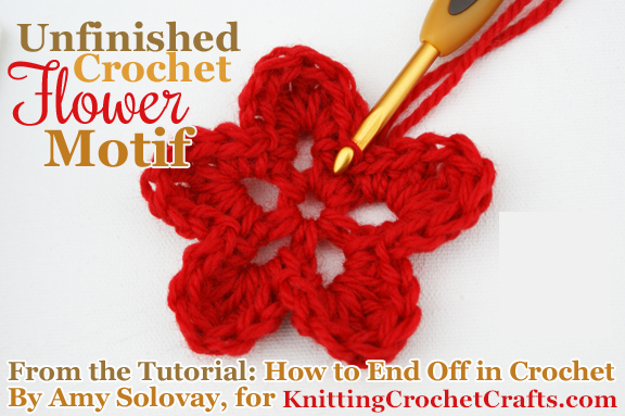 An unfinished crochet flower motif, which I'm using to demonstrate the process of how to end off.