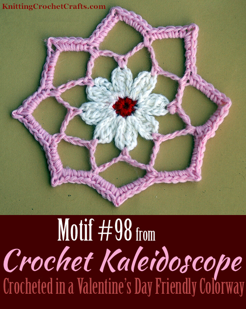 Octagon-Shaped Crochet Flower Mandala Motif: This 8-pointed crochet star has a flower motif in the center. The pattern is from the book Crochet Kaleidoscope by Sandra Eng, published by Interweave. This is a Valentine-friendly colorway of the design which is not included in the book. Crocheted and photographed by Amy Solovay.
