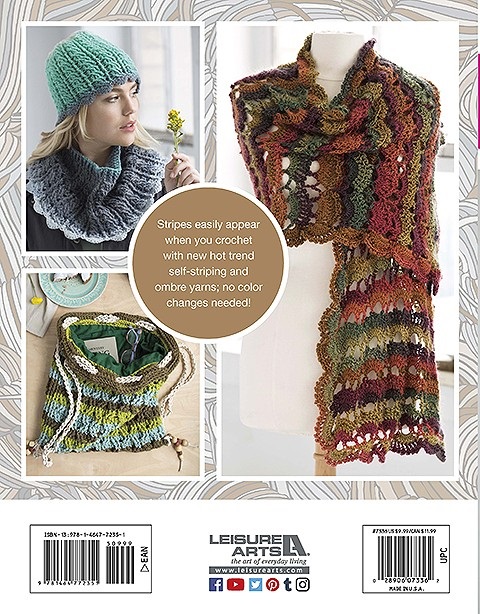 The back cover of Self-Striping Crochet Projects by Bonnie Barker; here you can see 4 of the lovely, colorful crochet projects you'll learn how to make by working through this book. Leisure Arts is the publisher of this title.