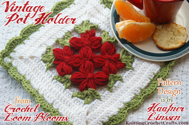 The center design of this pretty floral potholder is made using a flower loom. Then you crochet easy, beginner-friendly stitches around the flowers to make the potholder. A simple shell stitch edging and a hanging loop complete the look. This pattern is from the book Crochet Loom Blooms by Haafner Linssen, published by Interweave.