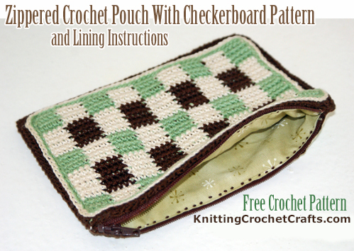 Zippered Crochet Pouch With Checkerboard Pattern and Lining Instructions -- Here you can see the Zipper Opened up to Show off the Fabric Lining.
