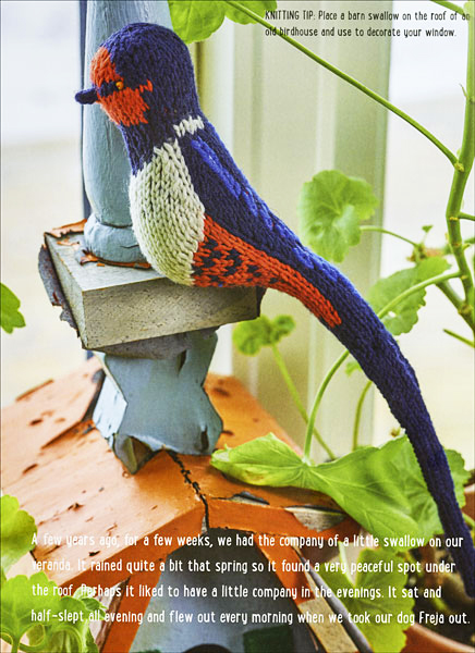 The knitted barn swallow presented in the Field Guide to Knitted Birds by Arne & Carlos, Published by Trafalgar Square Books. 