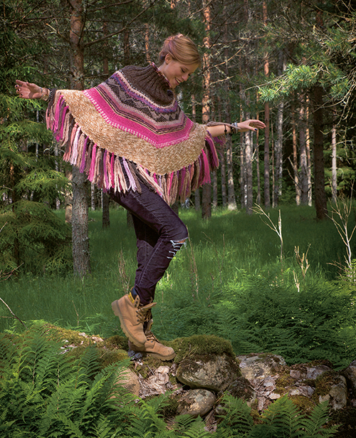 The knitting pattern for this colorful boho poncho is included in the book Knitting for the Fun of It! by Frida Ponten, published by Trafalgar Square Books. You can knit this pattern using a random mix of leftover yarns, or emulate the colors and textures used in Frida's sample poncho. This photo is courtesy of the publisher and  reprinted here with their permission.