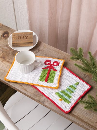 Christmas Cheer Mug Rugs, From A Merry Crochet Christmas Book, Published by Annie's for Christmas 2021