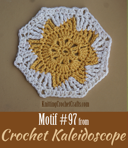 Motif #97 From Crochegt Kaleidoscope Is an Octagon Crochet Shape Featuring a Sun Shape or Star Shape. This motif was designed by Sandra Eng. Crocheted and photographed by Amy Solovay.