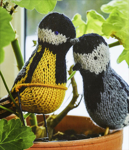 Pictured here: You can knit the Titmouse and the white wagtail you see here using knitting patterns from the Field Guide to Knitted Birds by Arne & Carlos, Published by Trafalgar Square Books. 